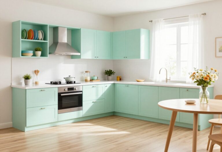 Light and airy Toca Boca virtual kitchen with pastel cabinets, open shelving, and a cozy breakfast nook.