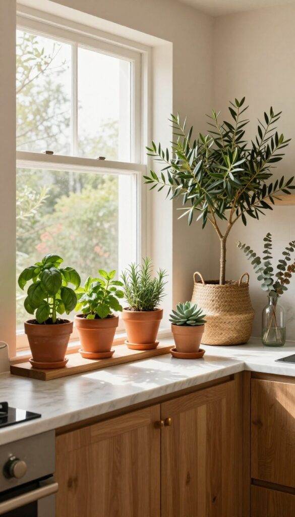 Warm kitchen with potted herbs on windowsill, olive tree in corner, and eucalyptus on counter