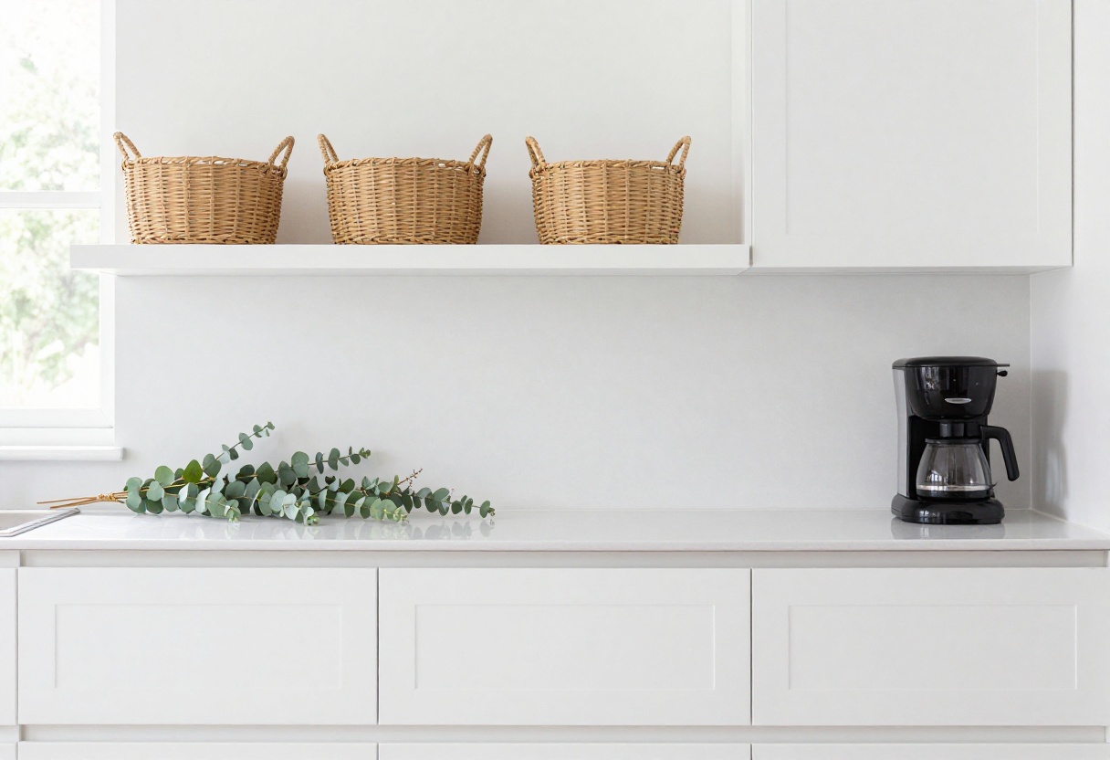 Modern kitchen with white cabinets and woven baskets above them, eucalyptus garland, natural light