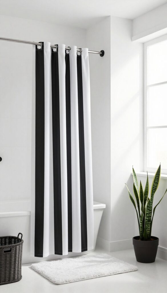 Bright bathroom with black and white striped shower curtain, plush white bath mat, woven baskets, matte black fixtures, and a snake plant.