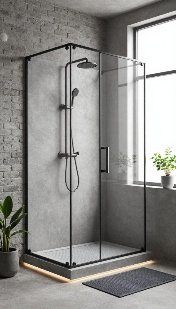 A concrete bench in a shower with industrial style, featuring raw concrete surface, exposed pipes or brick walls, brushed nickel fixtures, teak bath mat, and potted plants under bright natural light.
