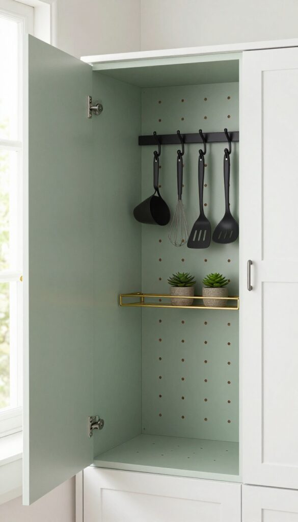 Open corner kitchen cabinet with sage green pegboard on back wall holding cooking utensils and a small plant.