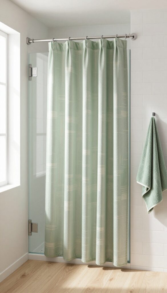Bathroom with patterned cotton shower curtain over glass door, soft geometric design in sage green and cream, natural light, white tiles.