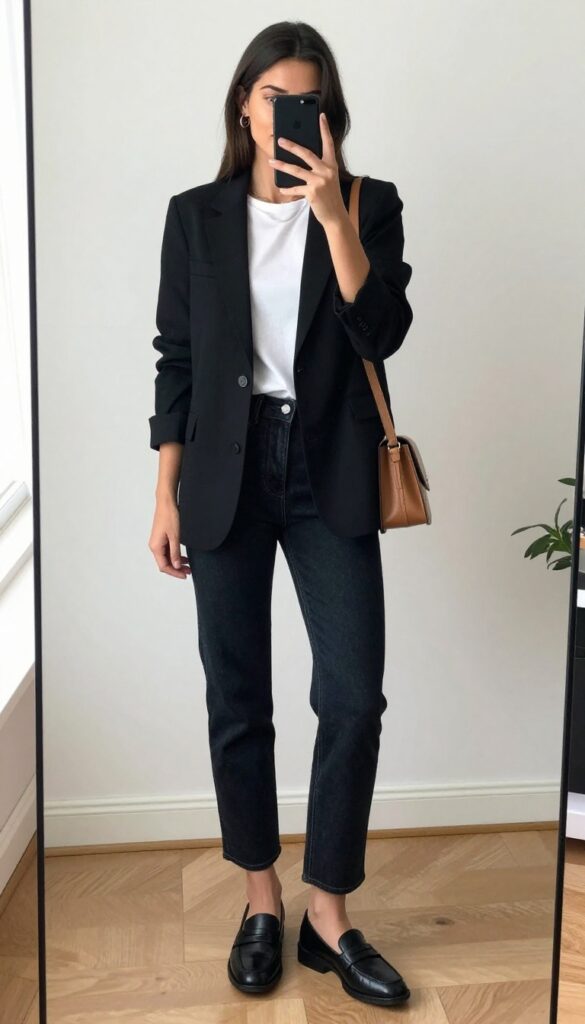 A woman in a black blazer and dark-wash straight-leg jeans takes a mirror selfie, wearing white sneakers and a tan crossbody bag, in a bright room with natural light.