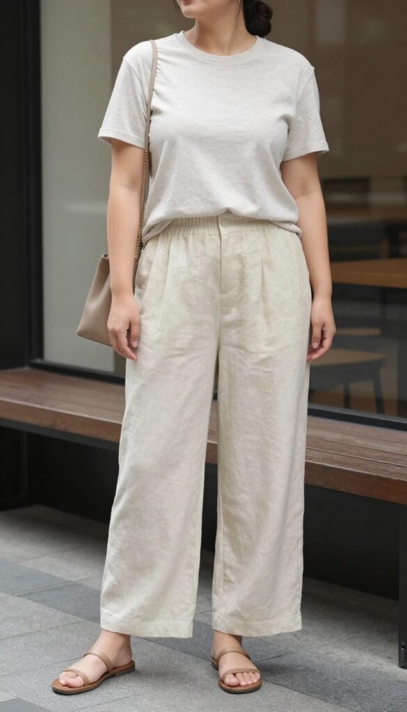 A woman wearing a cropped tee and high-waisted linen pants for a cozy summer outfit, styled with sandals, a tote bag, and gold necklace, in a bright casual setting.