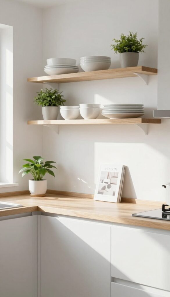 Open shelving in a bright kitchen with white dishes and plants