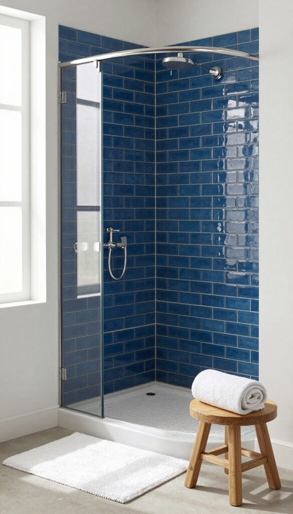Blue subway tile shower with dark grout, modern bathroom design