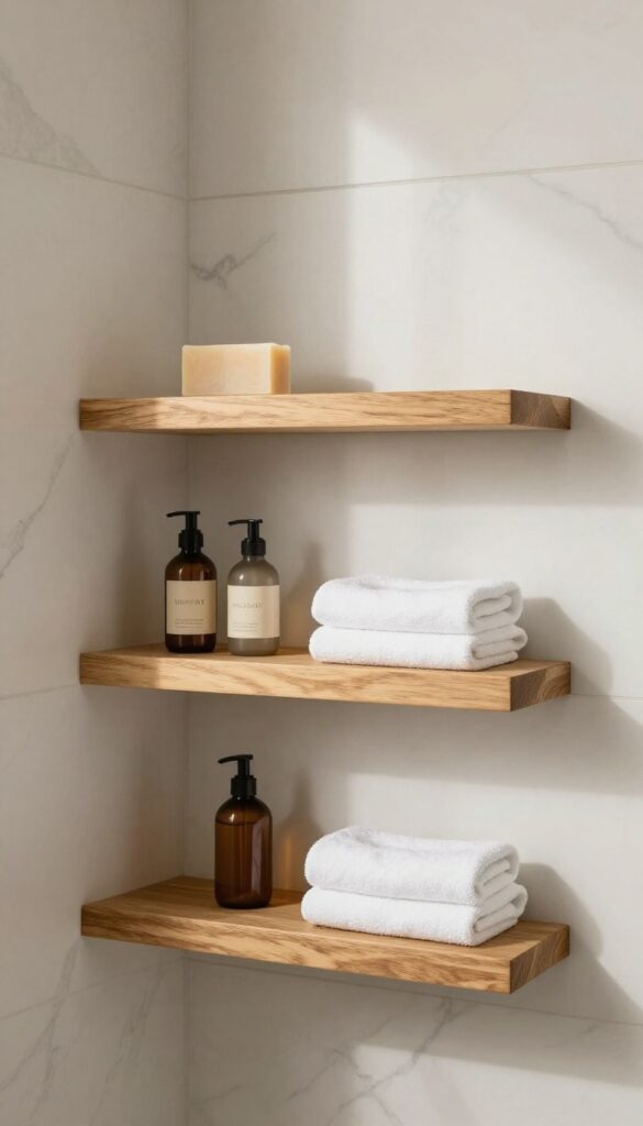 A marble walk-in shower featuring floating natural wood shelves with soap and towels, showcasing classic and luxurious home decor inspiration.