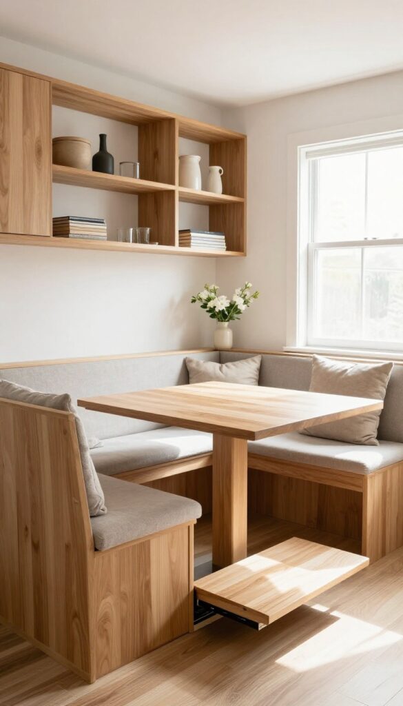Kitchen banquette with a slide-out table extension, showing the hidden leaf pulled out under the bench, natural light, warm wood tones, neutral cushions, and clean composition.