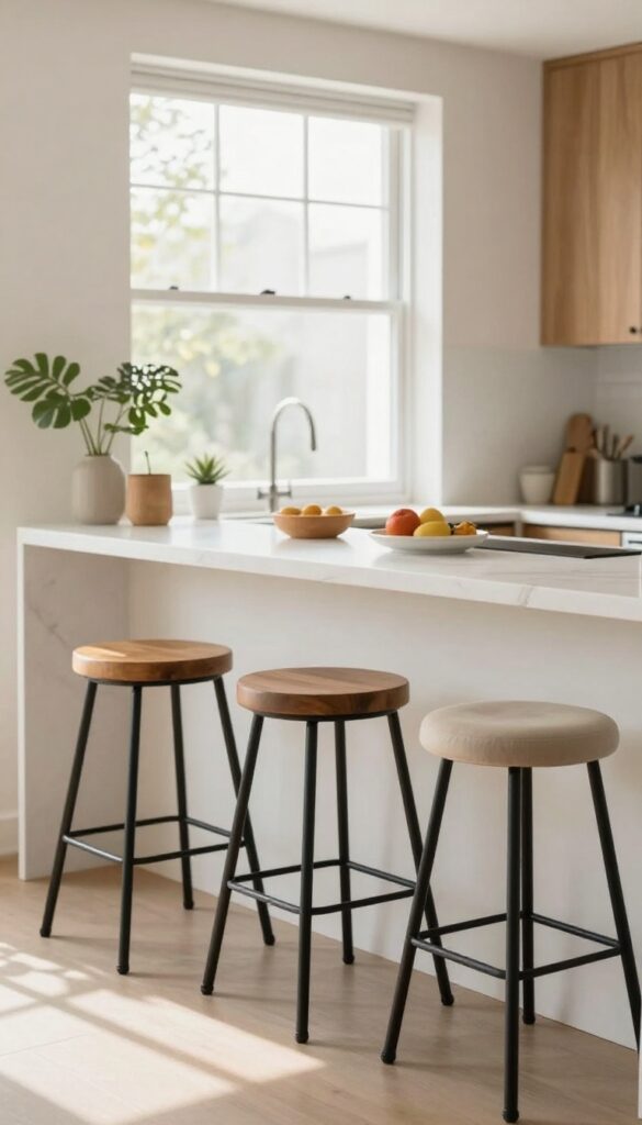 Kitchen breakfast bar with three mismatched stools in wood, metal, and upholstery, creating a collected-over-time look.