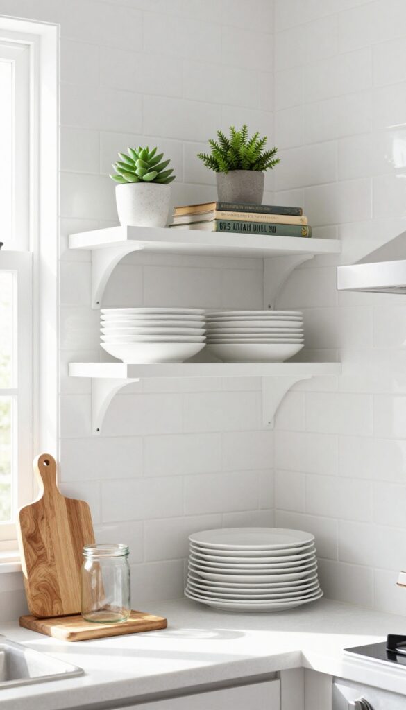 Open shelving in a small kitchen with white dishes, a plant, and cookbooks, bright natural light, clean and airy.
