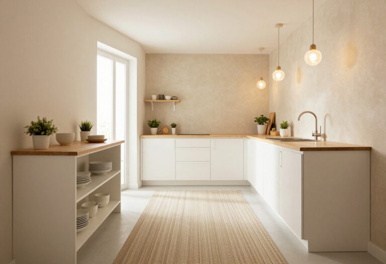 Cozy small parallel kitchen with open shelving, warm wood accents, and soft lighting.
