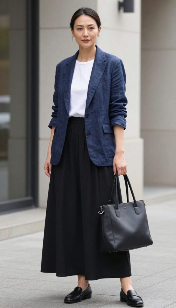 A woman wearing a tailored blazer over a black maxi skirt with a fitted top, styled for a sharp yet comfortable summer outfit suitable for work or events.
