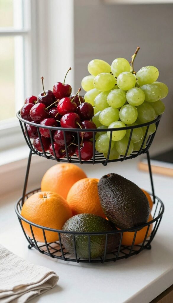 Two-tier wire basket filled with fruit on a kitchen counter