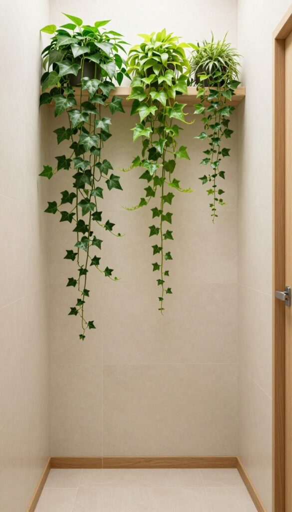 Vertical planters with greenery in a small shower corner, showcasing trailing vines and leafy plants to soften hard surfaces and add natural texture.