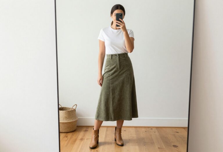 Plus-size woman in olive corduroy A-line skirt and fitted white tee taking a mirror selfie, showcasing a balanced casual fall outfit.