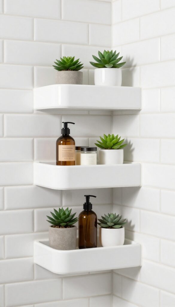 A small bathroom shower niche with built-in tile shelves holding organized toiletries in natural light.