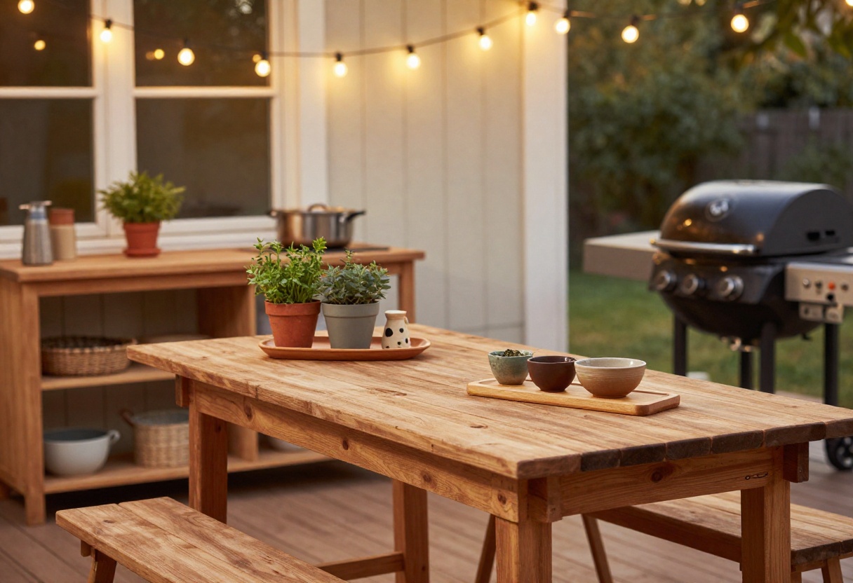 Charming budget outdoor kitchen with wooden prep table, string lights, and potted herbs