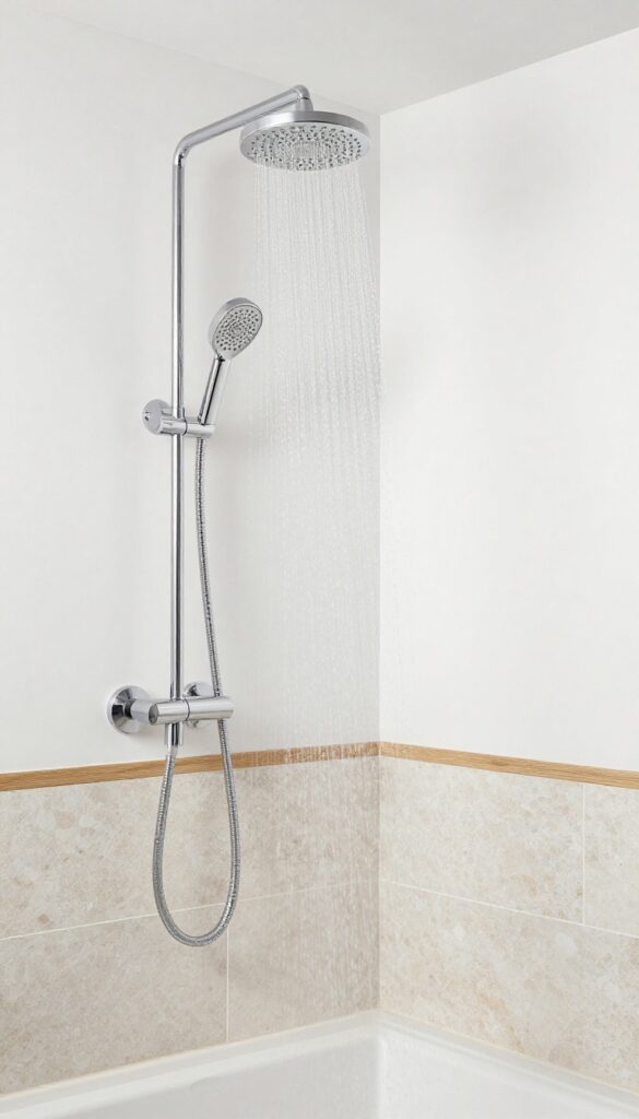 A rain showerhead in a spa-like bathroom setting with natural light and minimalist design.
