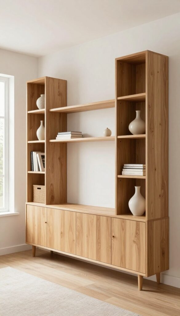 Living room with built-in-style storage including low media console, bookcases, floating shelves, and baskets, styled minimally in neutral tones.