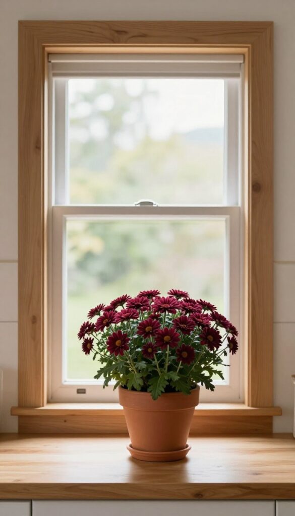 A small potted mum in a terracotta pot on a kitchen windowsill