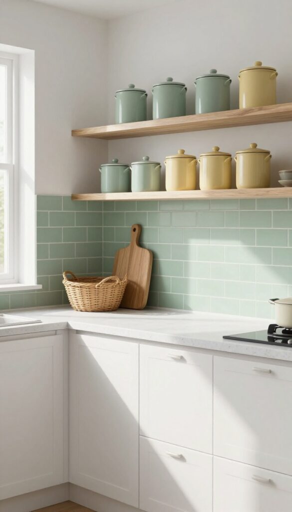 Bright single-wall kitchen with white cabinets, sage green backsplash, and warm yellow accents on open shelving.