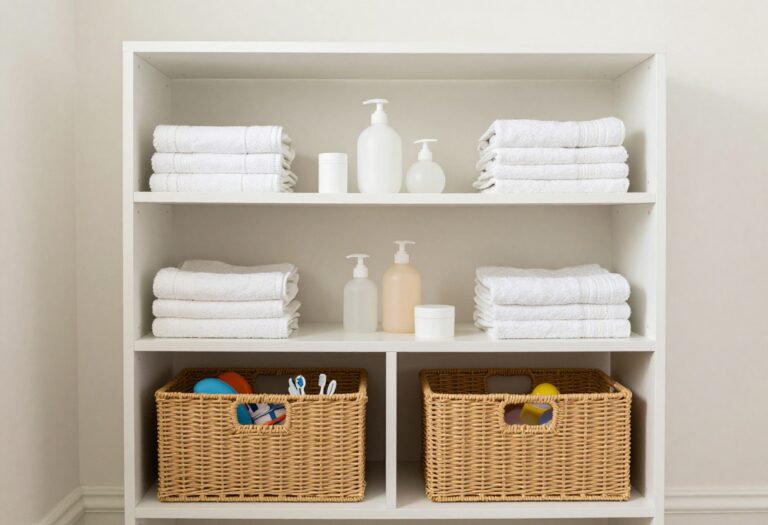A bright, organized guest bathroom with split storage zones for kids and guests, featuring natural light and clean decor.