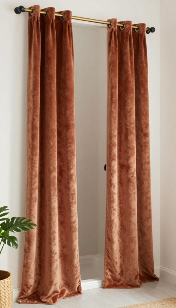 A walk-in shower with warm-toned velvet curtains in terracotta or mustard shades, creating a plush and inviting atmosphere with natural light and cozy textures.