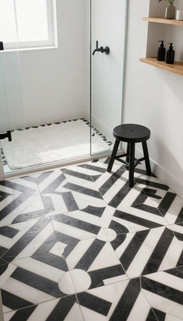 Modern shower with black and white patterned floor tiles, neutral walls, matte black fixtures, teak stool, and plush white bath mat in bright natural light.