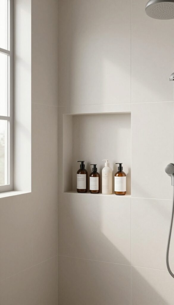 A built-in niche in a shower wall for organized storage, featuring matching tiles and toiletries in a bright, clean bathroom setting.