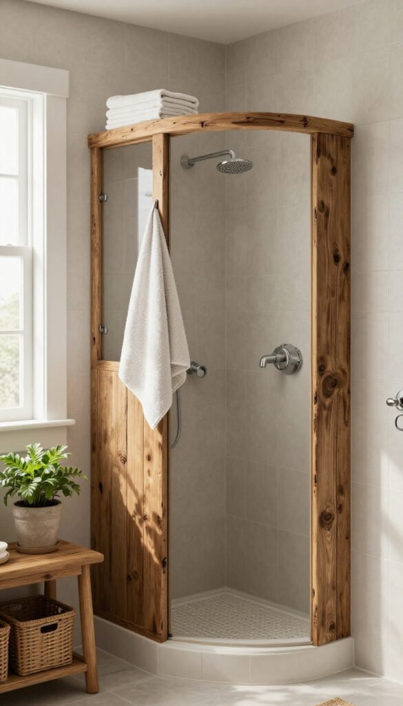 A farmhouse bathroom shower with weathered wood accents including a shelf and bench, showcasing rustic warmth and functional storage in a bright, inviting space.