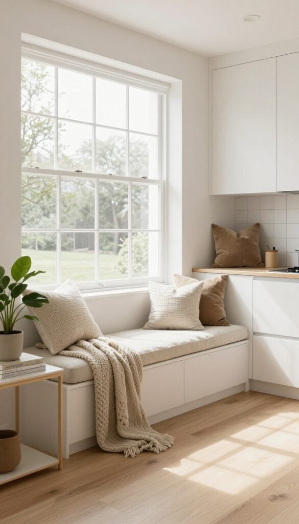 Cozy kitchen banquette seating under a window with cushions and pillows, natural light, bright interior design.