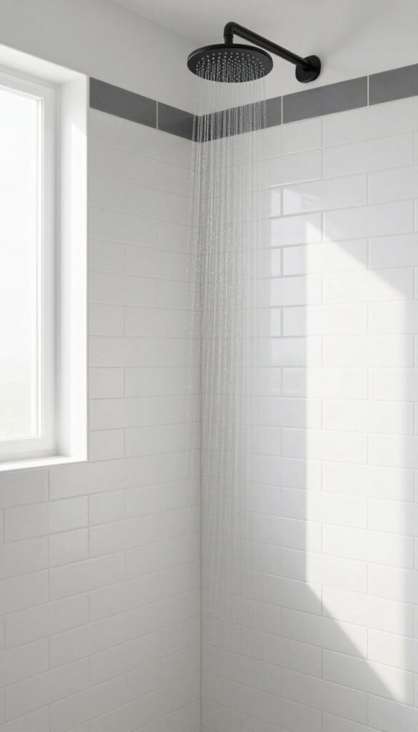 White vertical subway tile shower with dark accent strip and matte black fixtures