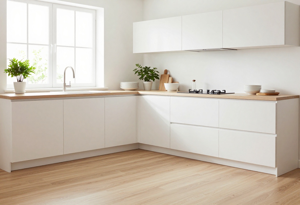Modern kitchen peninsula with open shelving and white dishes
