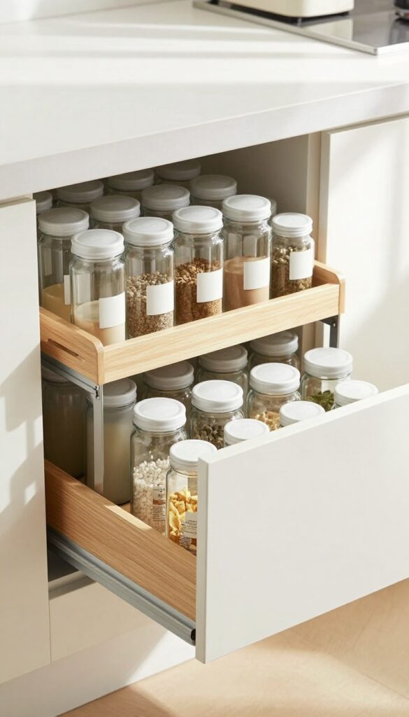 Pull-out drawer organizer with tiered racks holding uniform spice jars in a modern kitchen
