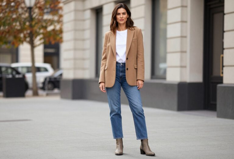 Woman wearing a tailored blazer with straight jeans and ankle boots in a smart casual fall outfit