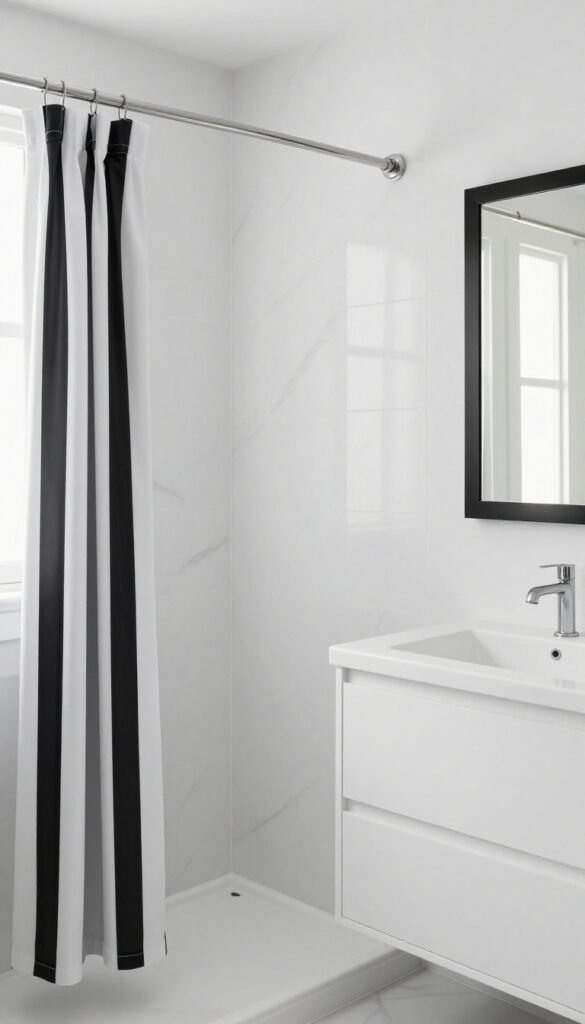 Bathroom with black and white striped double shower curtain
