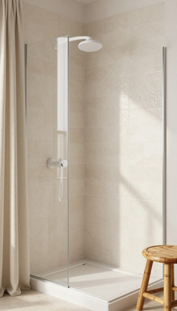 Beige glass tile herringbone pattern shower with natural light, matte white fixtures, and warm wood accents.