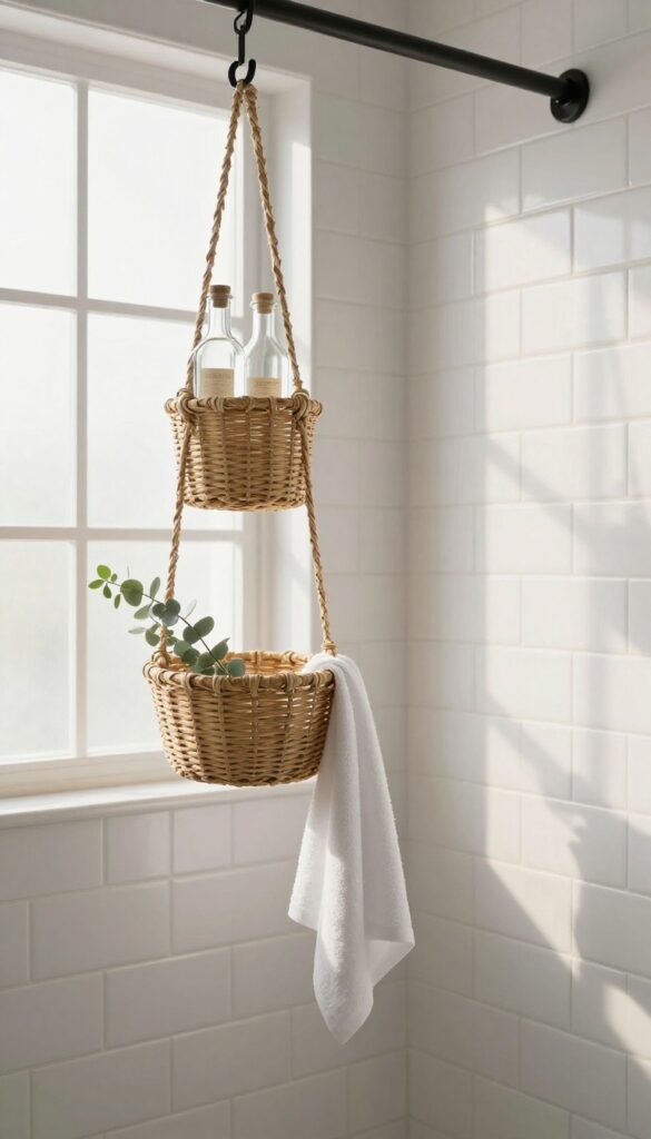 Rustic hanging baskets in a farmhouse shower with woven seagrass and galvanized wire baskets holding bottles and washcloths.