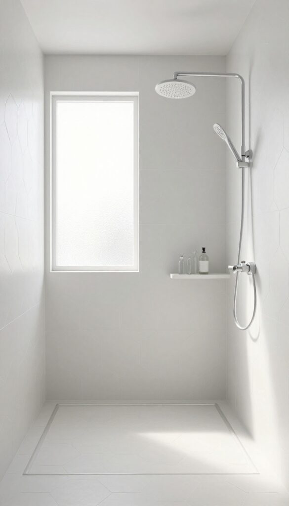 Large hexagonal tile walk-in shower with minimal grout lines and natural light