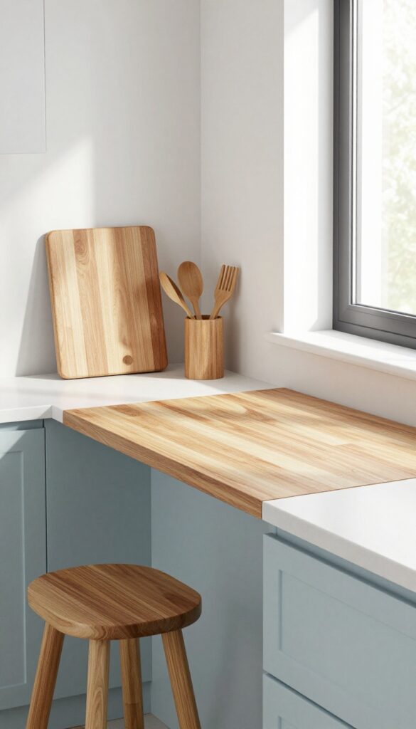 Bright kitchen with natural wood accents: cutting board, utensil holder, and stool against white countertops and blue backsplash.