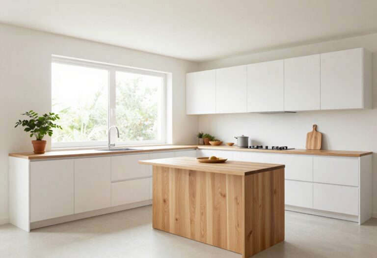 Modern cloud kitchen with white cabinets and open shelving