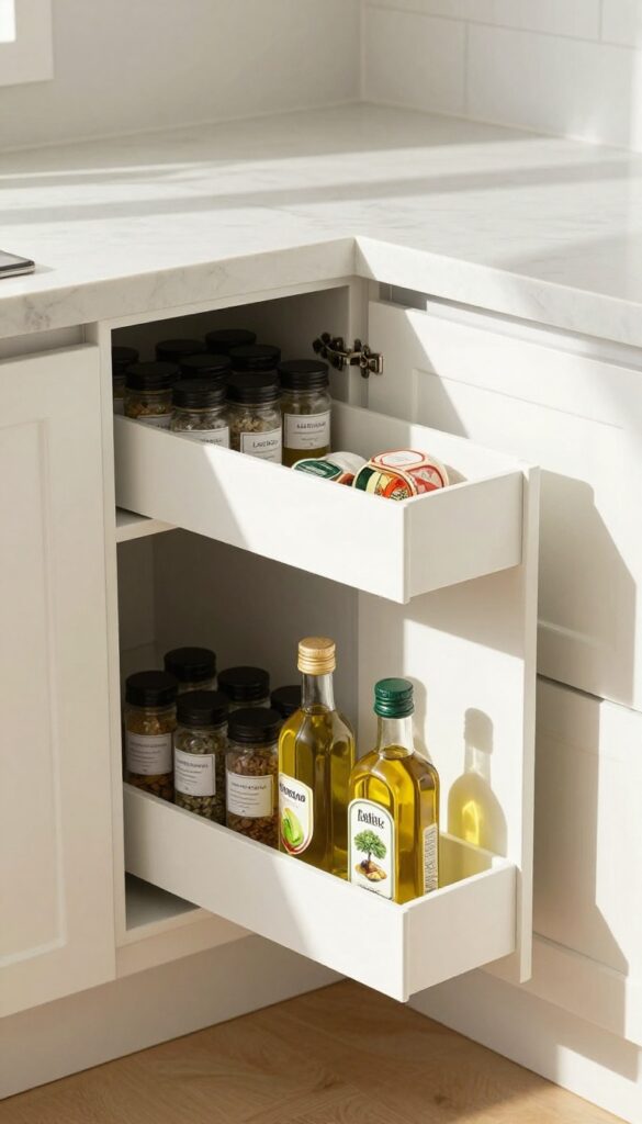 Open corner cabinet with pull-out Lazy Susan organizer holding spices and oils