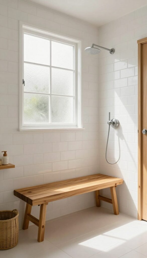 Walk-in shower with wood accents including a teak bench and bamboo accessories, warm natural lighting