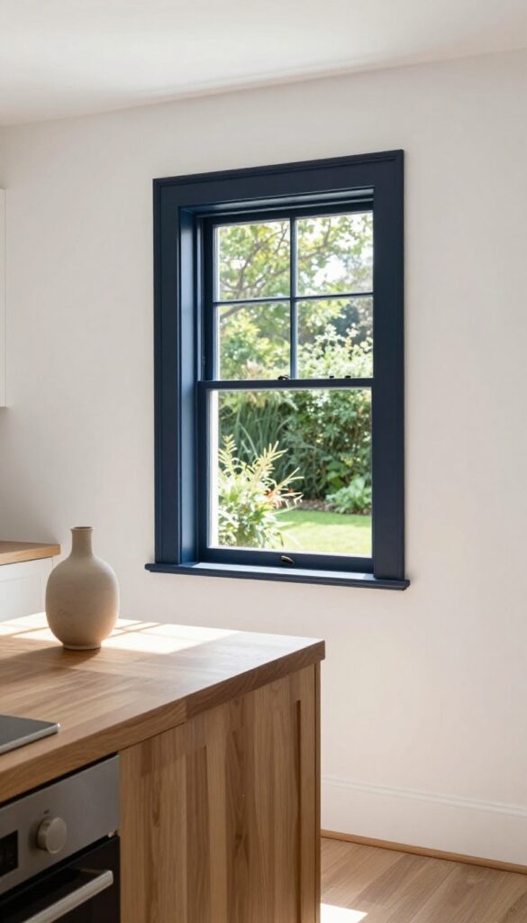 Kitchen window with dark navy blue trim framing a view of a garden, creating a focal point and making the room feel larger.
