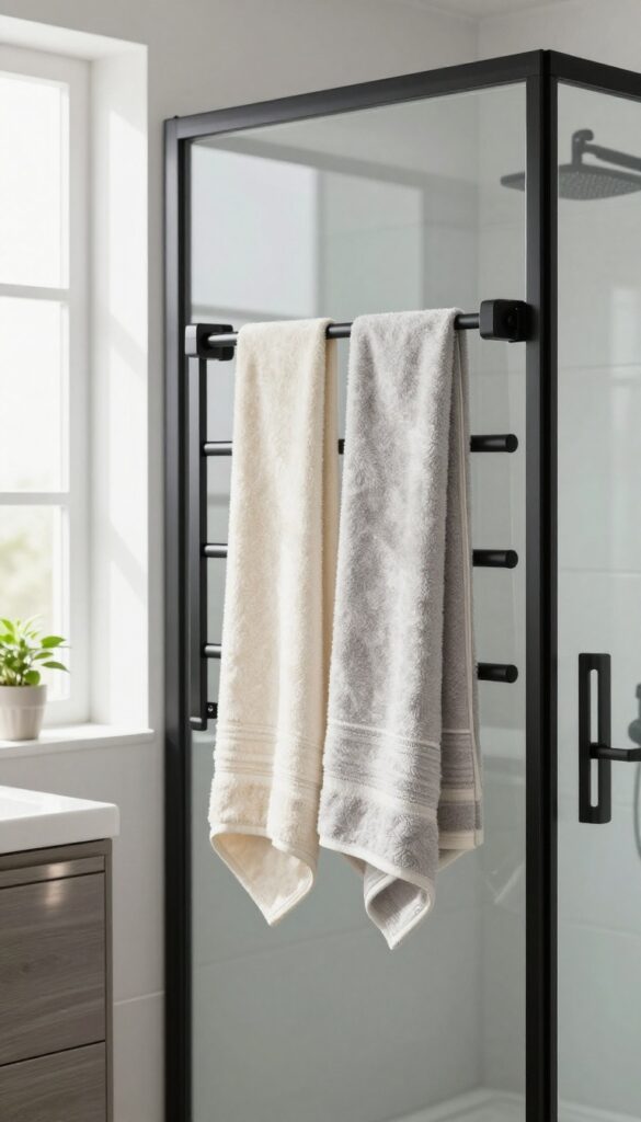 Magnetic towel rack on shower door with neutral towels