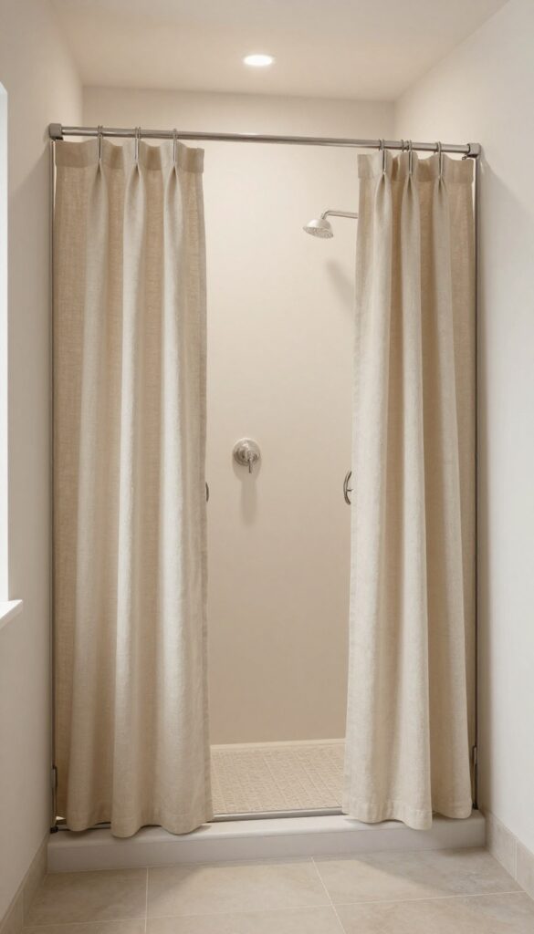 A serene farmhouse walk-in shower with soft neutral tones in creamy whites, muted beiges, and soft grays under bright natural light, showcasing a cozy and inviting bathroom space with matte finishes and natural textures.