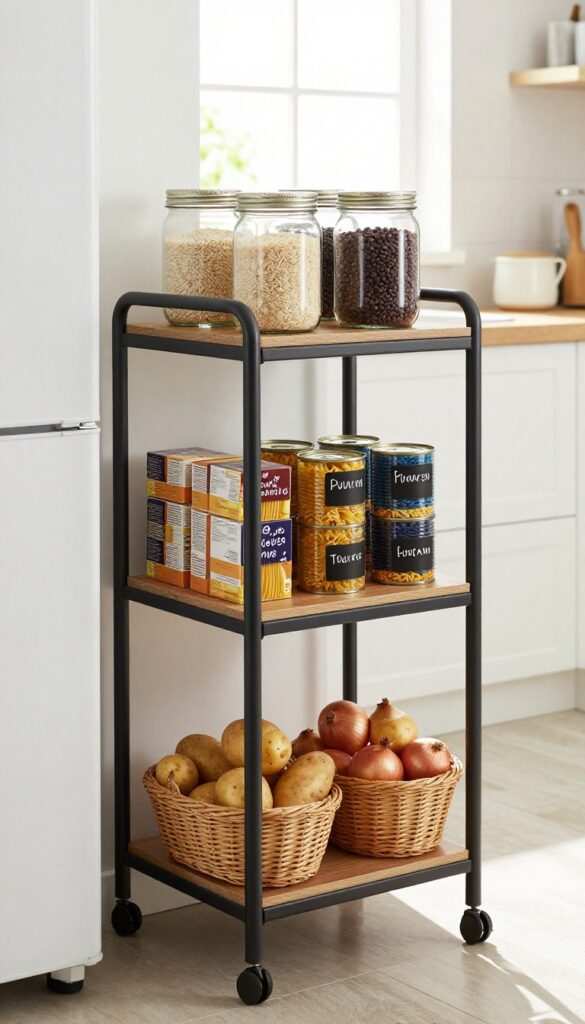 Tiered trolley as mini pantry in modern Indian kitchen