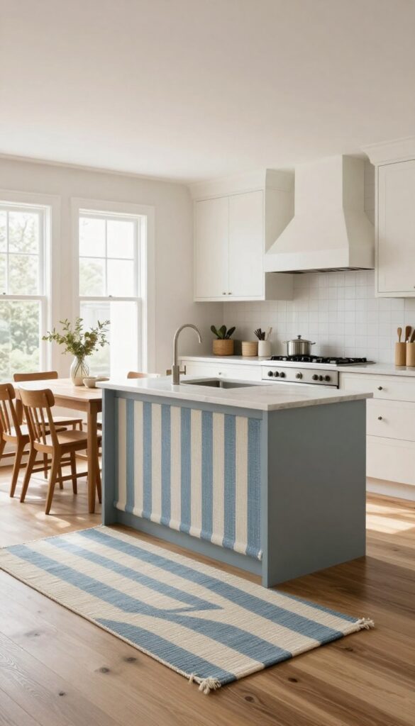 Layered rugs on both sides of a peninsula in a bright kitchen, defining zones with texture and color.