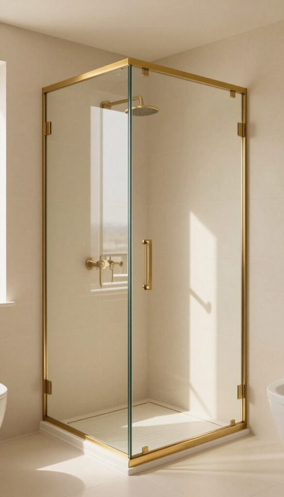 Brass-framed glass shower partition in a neutral bathroom with warm golden light